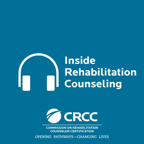 A drawing of headphones with the text "inside rehabilitation counseling" to the right of them, all of which is above the CRCC logo.