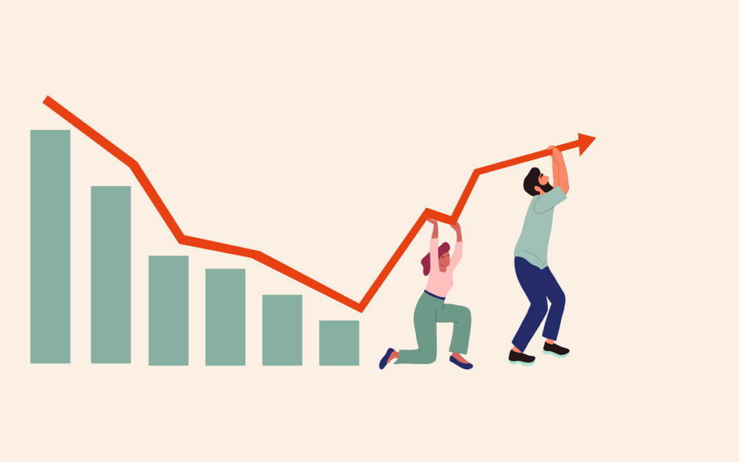 Two people lifting a rising red arrow line above a declining bar chart, symbolizing recovery and growth.